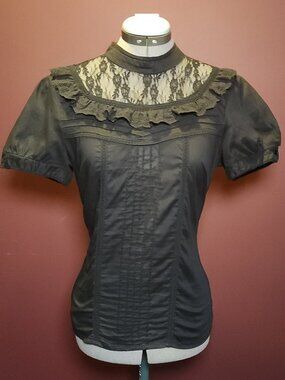Black Victorian Style Peasant Top Blouse - Black Eyelet and Lace Details